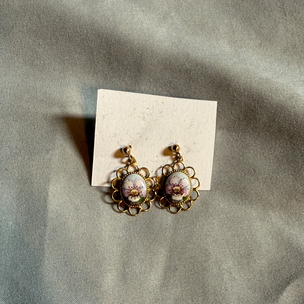 Antique Gold Colored and Hand Painted Floral Earrings